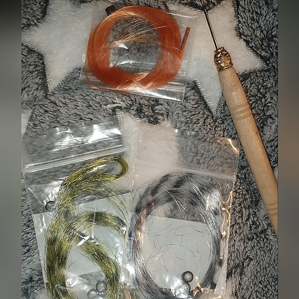 Hair extension and Tool Set with Hook and Hair Strands